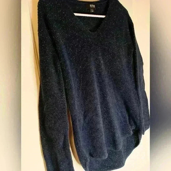 ANA Christmas Holiday Winter Relaxedoversized blue Silver sparkly vneck sweater - Picture 2 of 5